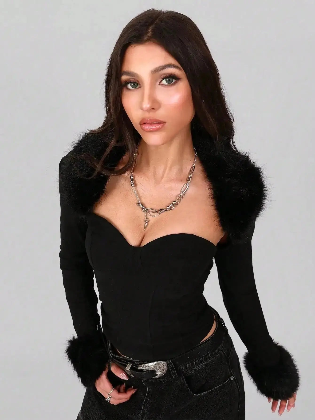 2pcs Women's Faux Fur Collar Bandeau Top & Open Front Jacket Set, Sexy Night Out Outfit - LUXURY CLOTHESMy store 2pcs Women's Faux Fur Collar Bandeau Top & Open Front Jacket Set, Sexy Night Out Outfit My store