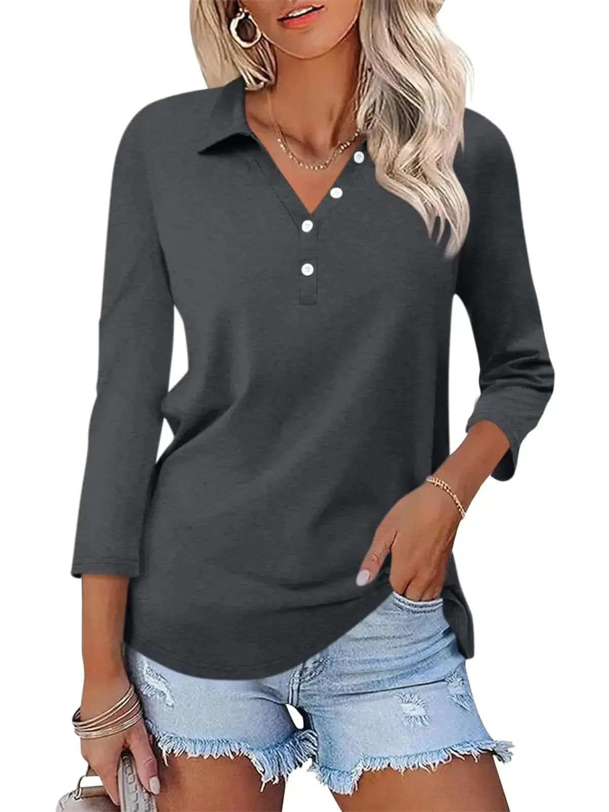 CHARA Womens V - Neck Buttoned 3/4 Sleeve Blouse - LUXURY CLOTHESLuxe & ClothingCHARA Womens V - Neck Buttoned 3/4 Sleeve Blouse Luxe & Clothing