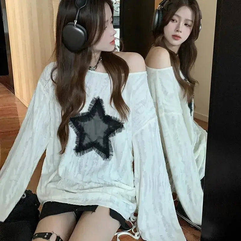Clearance_Harajuku Tshirts Fashion Tops Star Hollow Out Long Sleeve T Shirt Korean Kawaii Ropa Mujer Casual Y2k T-shirt Clothes - LUXURY CLOTHESMy store Clearance_Harajuku Tshirts Fashion Tops Star Hollow Out Long Sleeve T Shirt Korean Kawaii Ropa Mujer Casual Y2k T-shirt Clothes My store