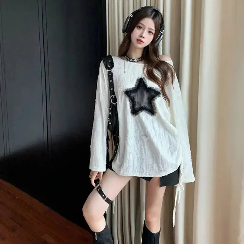 Clearance_Harajuku Tshirts Fashion Tops Star Hollow Out Long Sleeve T Shirt Korean Kawaii Ropa Mujer Casual Y2k T-shirt Clothes - LUXURY CLOTHESMy store Clearance_Harajuku Tshirts Fashion Tops Star Hollow Out Long Sleeve T Shirt Korean Kawaii Ropa Mujer Casual Y2k T-shirt Clothes My store