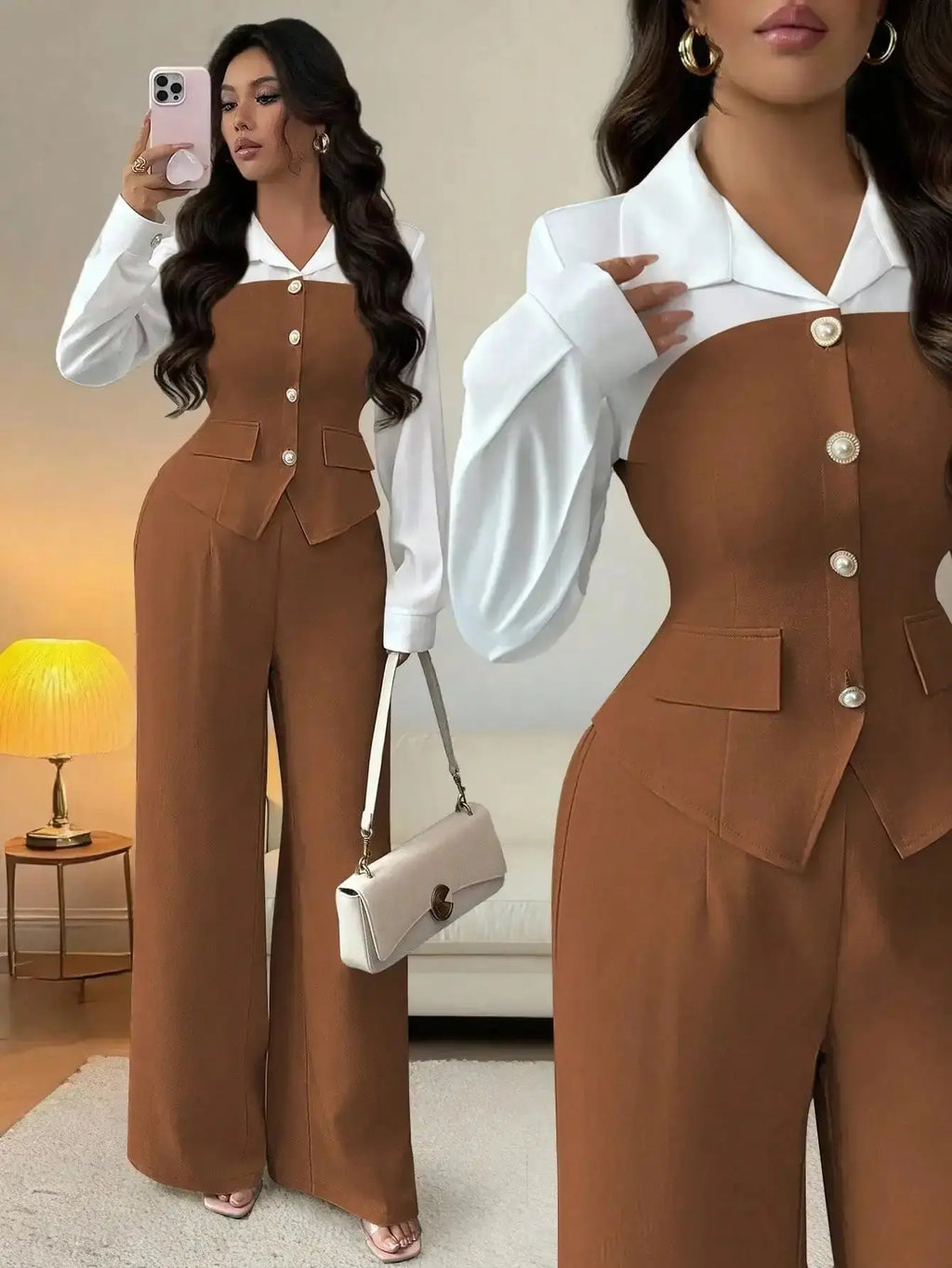Elegant 2 - Piece Suit with Pearl Buttons & Wide Leg Pants for Office or Casual Wear - LUXURY CLOTHESMy store Elegant 2 - Piece Suit with Pearl Buttons & Wide Leg Pants for Office or Casual Wear My store