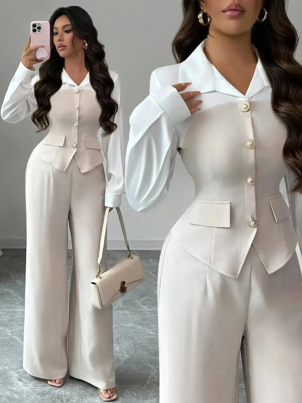 Elegant 2 - Piece Suit with Pearl Buttons & Wide Leg Pants for Office or Casual Wear - LUXURY CLOTHESMy store Elegant 2 - Piece Suit with Pearl Buttons & Wide Leg Pants for Office or Casual Wear My store
