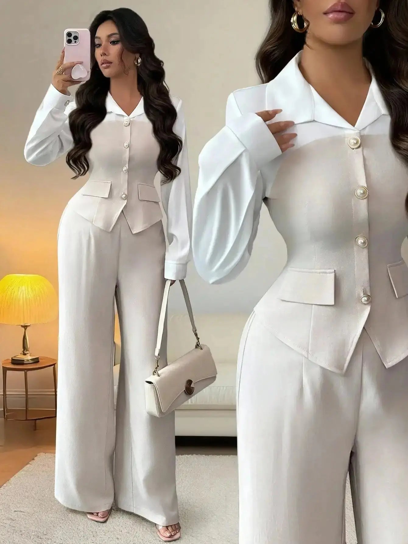 Elegant 2 - Piece Suit with Pearl Buttons & Wide Leg Pants for Office or Casual Wear - LUXURY CLOTHESMy store Elegant 2 - Piece Suit with Pearl Buttons & Wide Leg Pants for Office or Casual Wear My store