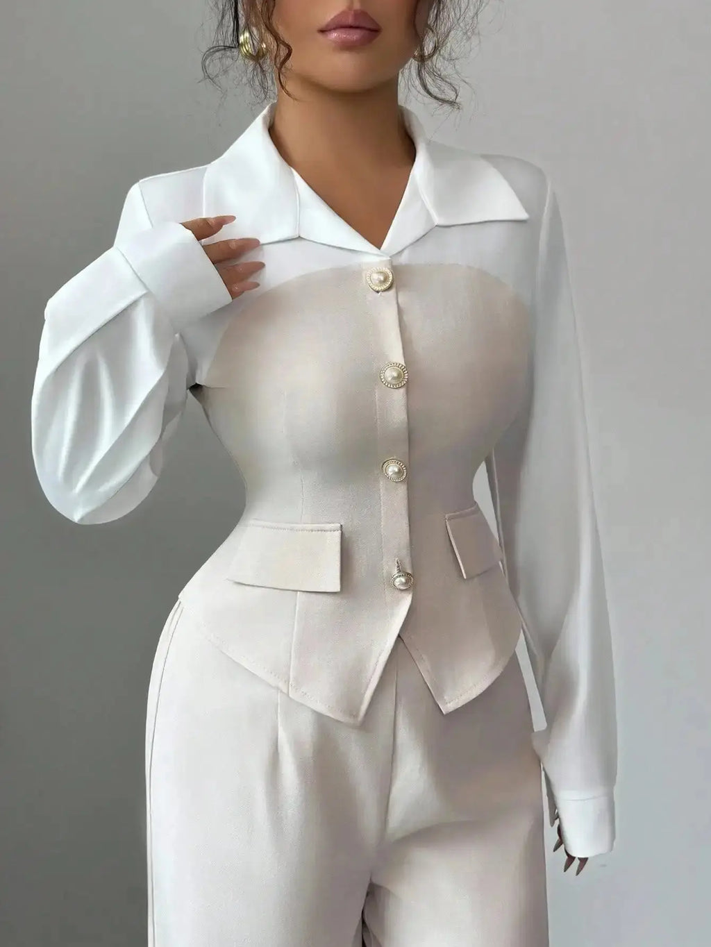 Elegant 2 - Piece Suit with Pearl Buttons & Wide Leg Pants for Office or Casual Wear - LUXURY CLOTHESMy store Elegant 2 - Piece Suit with Pearl Buttons & Wide Leg Pants for Office or Casual Wear My store