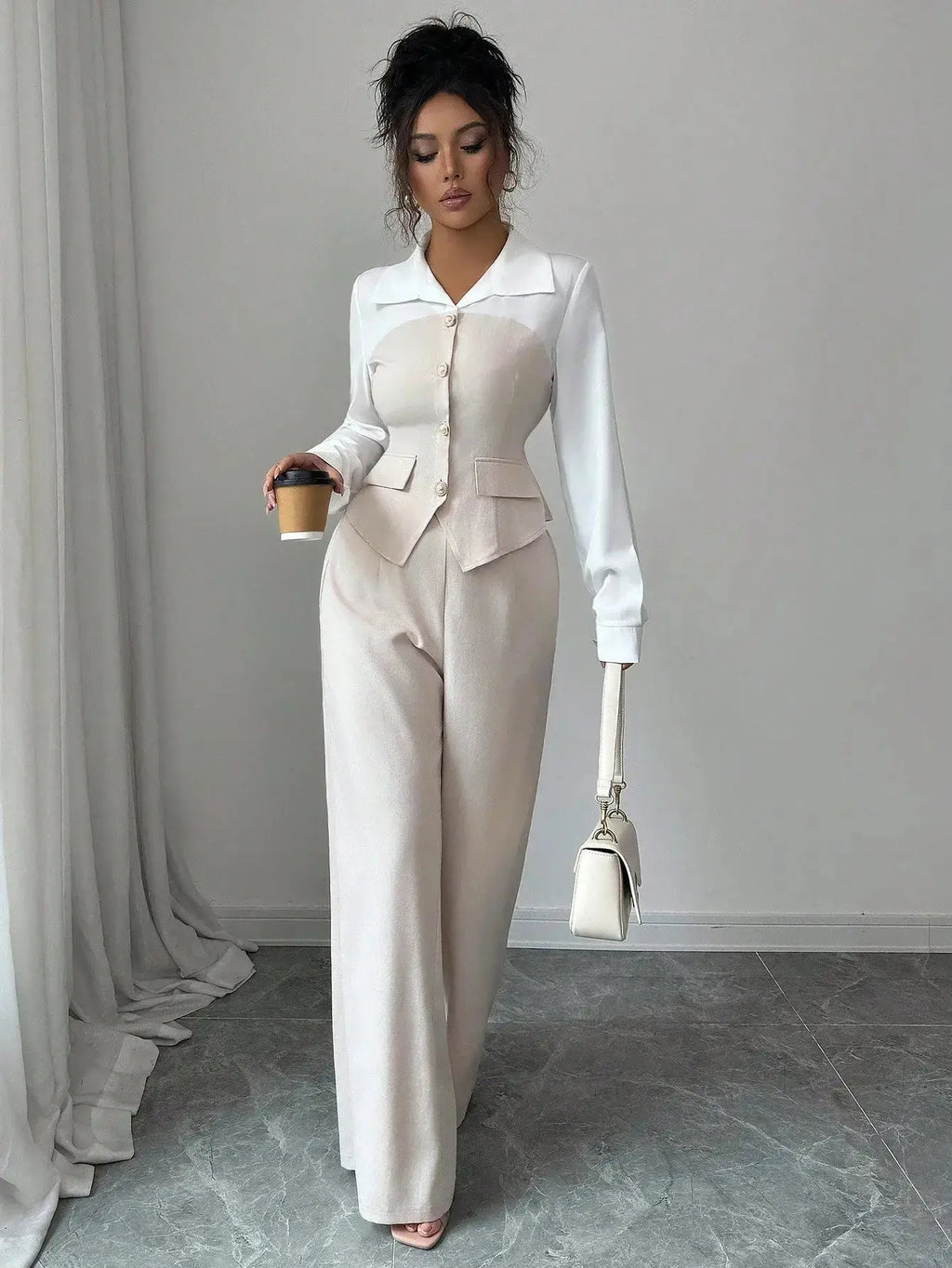 Elegant 2 - Piece Suit with Pearl Buttons & Wide Leg Pants for Office or Casual Wear - LUXURY CLOTHESMy store Elegant 2 - Piece Suit with Pearl Buttons & Wide Leg Pants for Office or Casual Wear My store