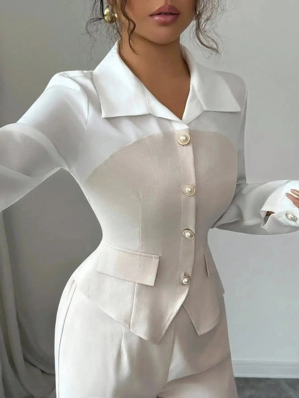 Elegant 2 - Piece Suit with Pearl Buttons & Wide Leg Pants for Office or Casual Wear - LUXURY CLOTHESMy store Elegant 2 - Piece Suit with Pearl Buttons & Wide Leg Pants for Office or Casual Wear My store