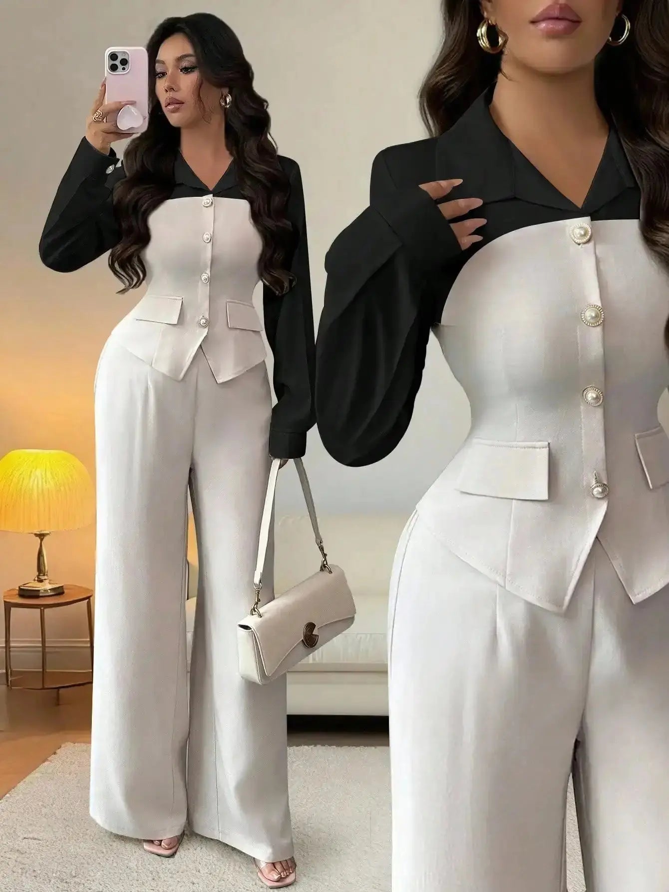 Elegant 2 - Piece Suit with Pearl Buttons & Wide Leg Pants for Office or Casual Wear - LUXURY CLOTHESMy store Elegant 2 - Piece Suit with Pearl Buttons & Wide Leg Pants for Office or Casual Wear My store