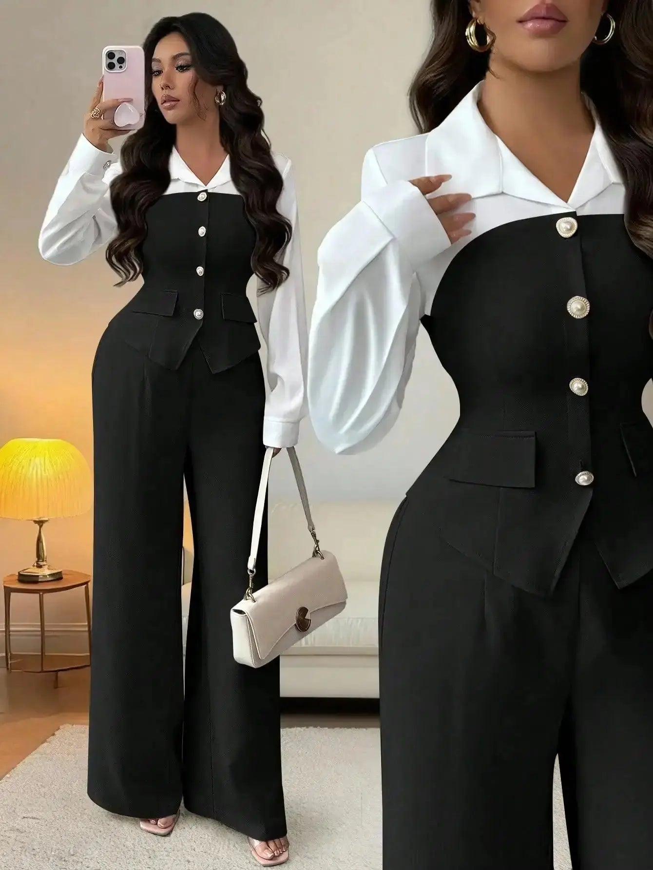 Elegant 2 - Piece Suit with Pearl Buttons & Wide Leg Pants for Office or Casual Wear - LUXURY CLOTHESMy store Elegant 2 - Piece Suit with Pearl Buttons & Wide Leg Pants for Office or Casual Wear My store