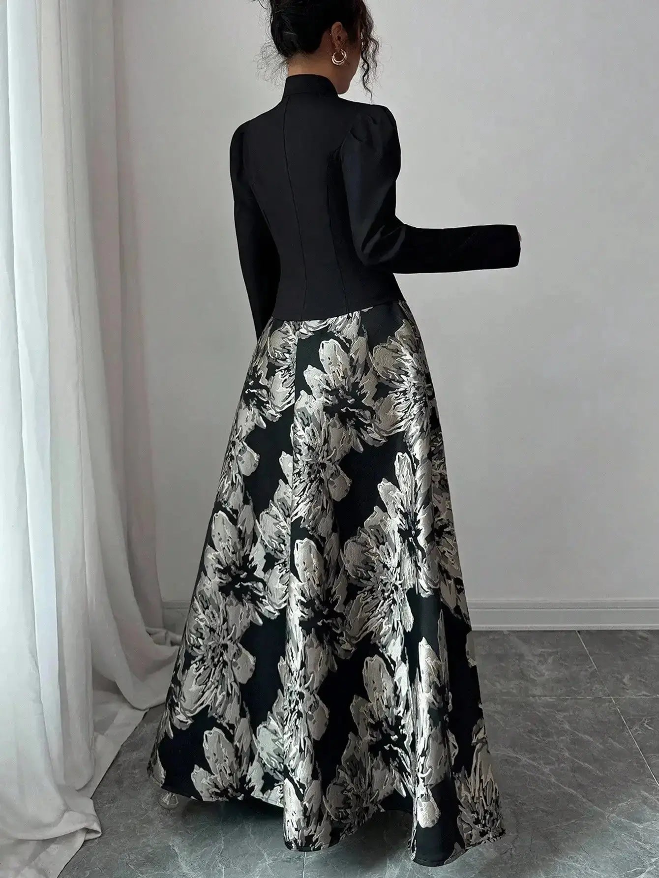 Elegant Black Blazer with Puff Sleeves & Floral A - Line Skirt Set for Women, Office to Evening Wear - LUXURY CLOTHESMy store Elegant Black Blazer with Puff Sleeves & Floral A - Line Skirt Set for Women, Office to Evening Wear My store