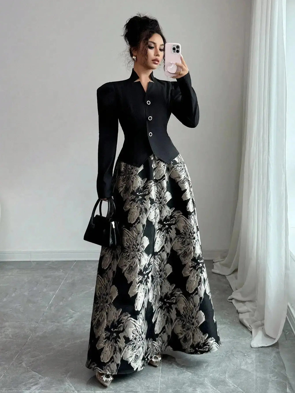 Elegant Black Blazer with Puff Sleeves & Floral A - Line Skirt Set for Women, Office to Evening Wear - LUXURY CLOTHESMy store Elegant Black Blazer with Puff Sleeves & Floral A - Line Skirt Set for Women, Office to Evening Wear My store