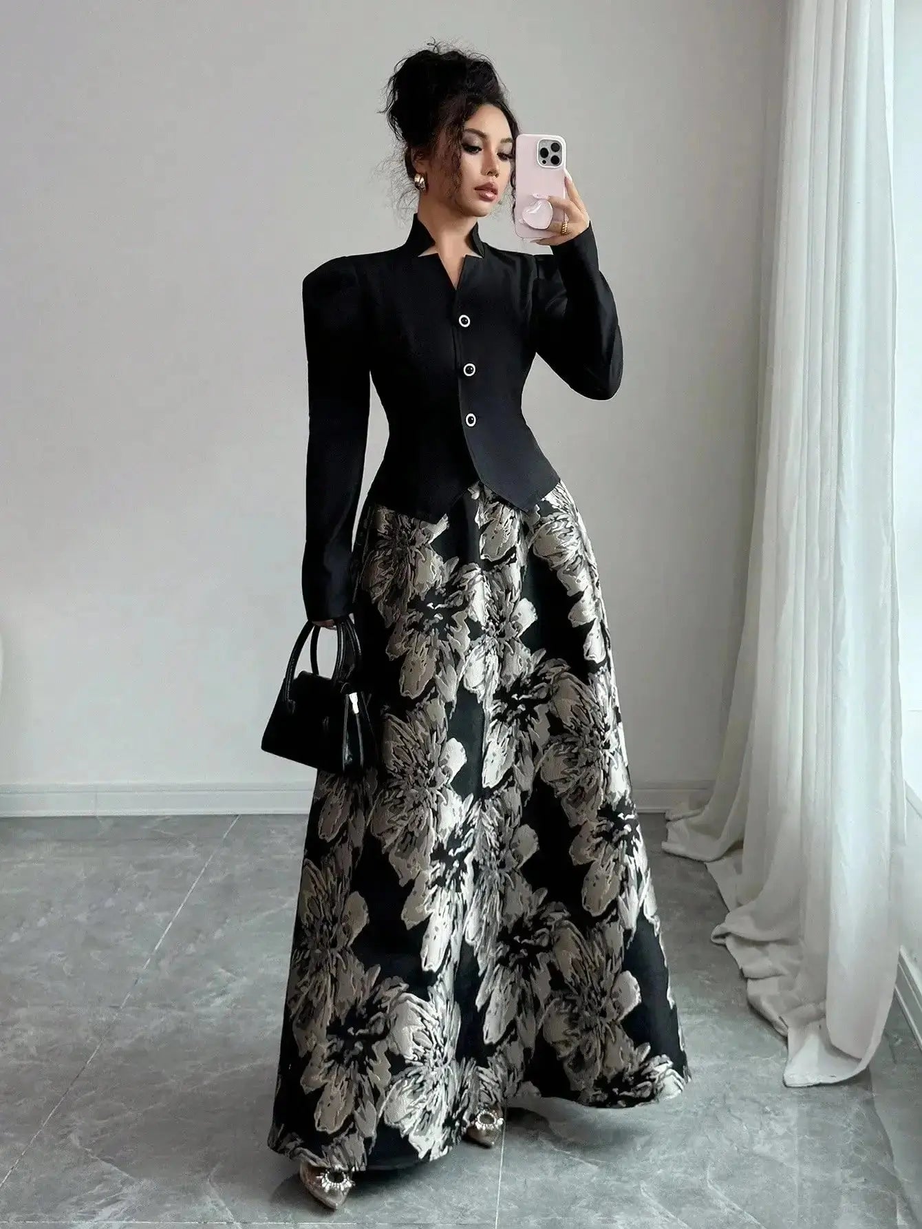 Elegant Black Blazer with Puff Sleeves & Floral A - Line Skirt Set for Women, Office to Evening Wear - LUXURY CLOTHESMy store Elegant Black Blazer with Puff Sleeves & Floral A - Line Skirt Set for Women, Office to Evening Wear My store