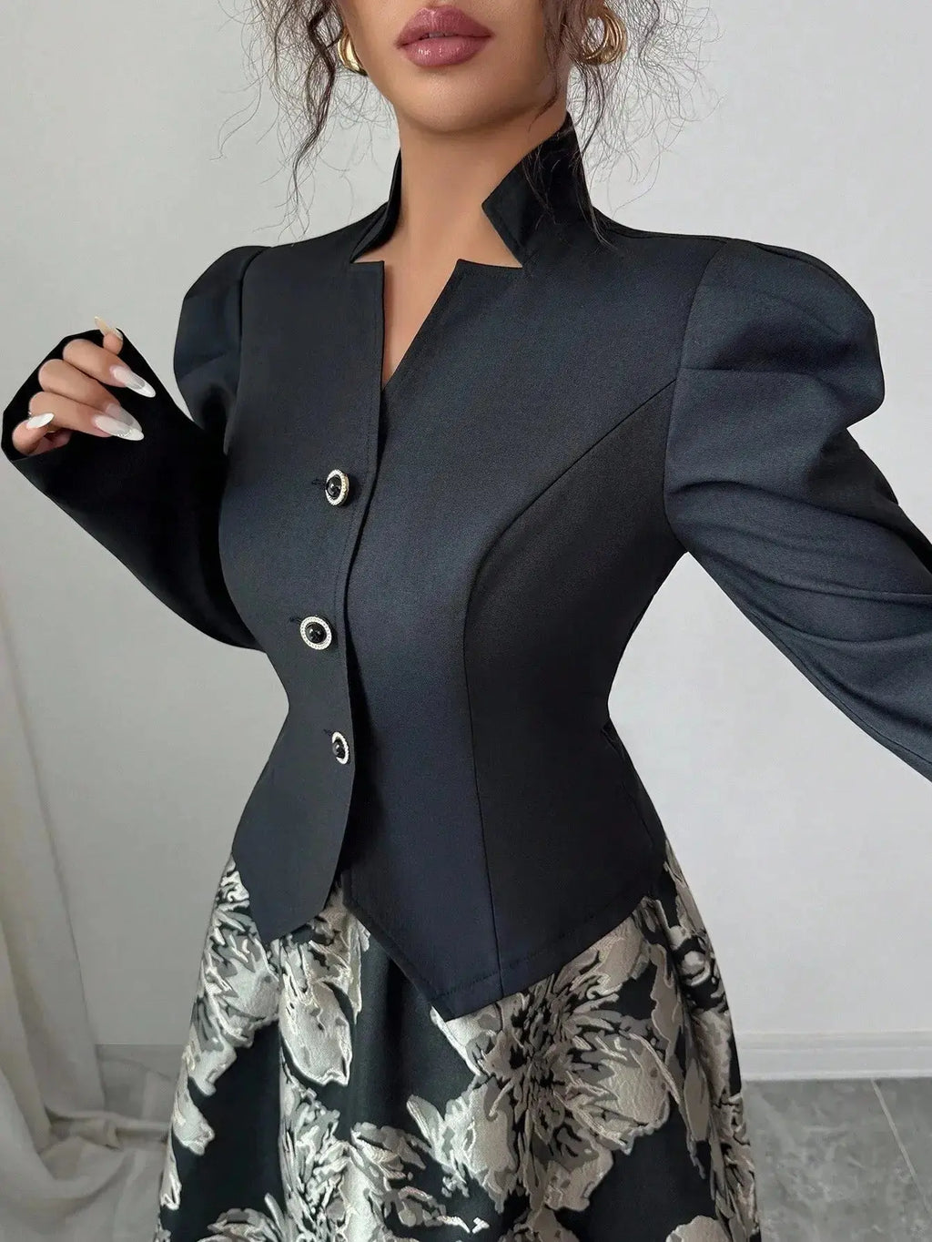 Elegant Black Blazer with Puff Sleeves & Floral A - Line Skirt Set for Women, Office to Evening Wear - LUXURY CLOTHESMy store Elegant Black Blazer with Puff Sleeves & Floral A - Line Skirt Set for Women, Office to Evening Wear My store