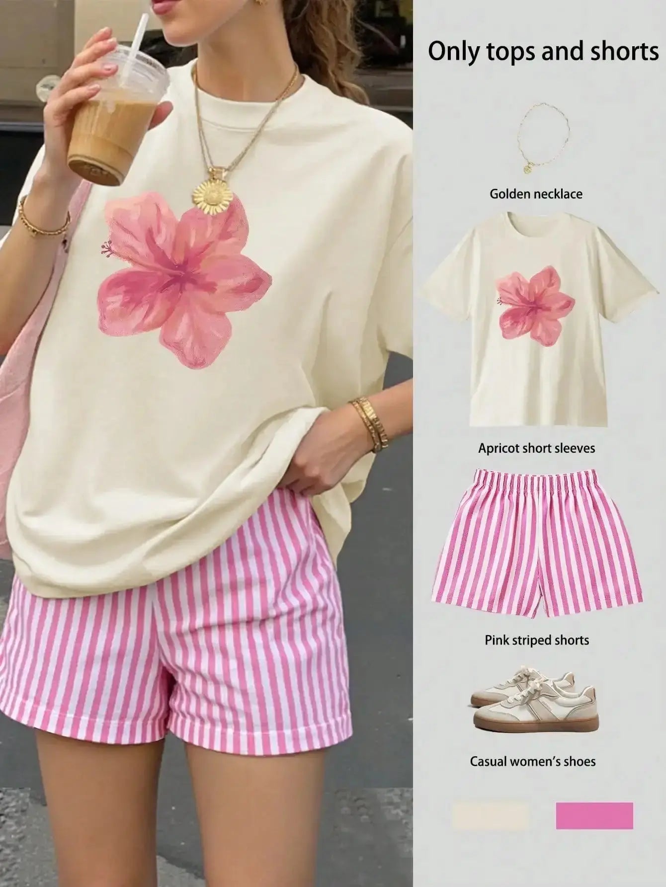 Floral Print Loose T-Shirt & Pink Striped Shorts Set for Women, Summer Casual Outfit b - LUXURY CLOTHESMy store Floral Print Loose T-Shirt & Pink Striped Shorts Set for Women, Summer Casual Outfit b My store