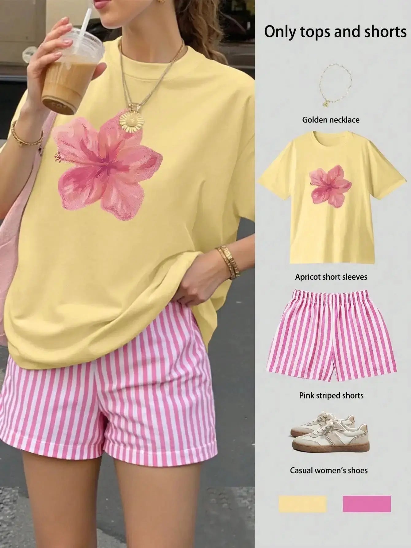 Floral Print Loose T-Shirt & Pink Striped Shorts Set for Women, Summer Casual Outfit b - LUXURY CLOTHESMy store Floral Print Loose T-Shirt & Pink Striped Shorts Set for Women, Summer Casual Outfit b My store