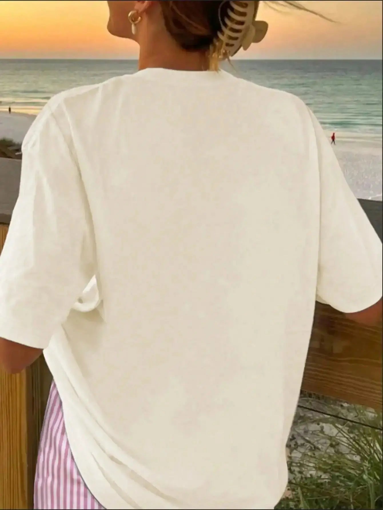 Floral Print Loose T-Shirt & Pink Striped Shorts Set for Women, Summer Casual Outfit b - LUXURY CLOTHESMy store Floral Print Loose T-Shirt & Pink Striped Shorts Set for Women, Summer Casual Outfit b My store