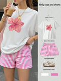 Floral Print Loose T-Shirt & Pink Striped Shorts Set for Women, Summer Casual Outfit b - LUXURY CLOTHESMy store Floral Print Loose T-Shirt & Pink Striped Shorts Set for Women, Summer Casual Outfit b My store