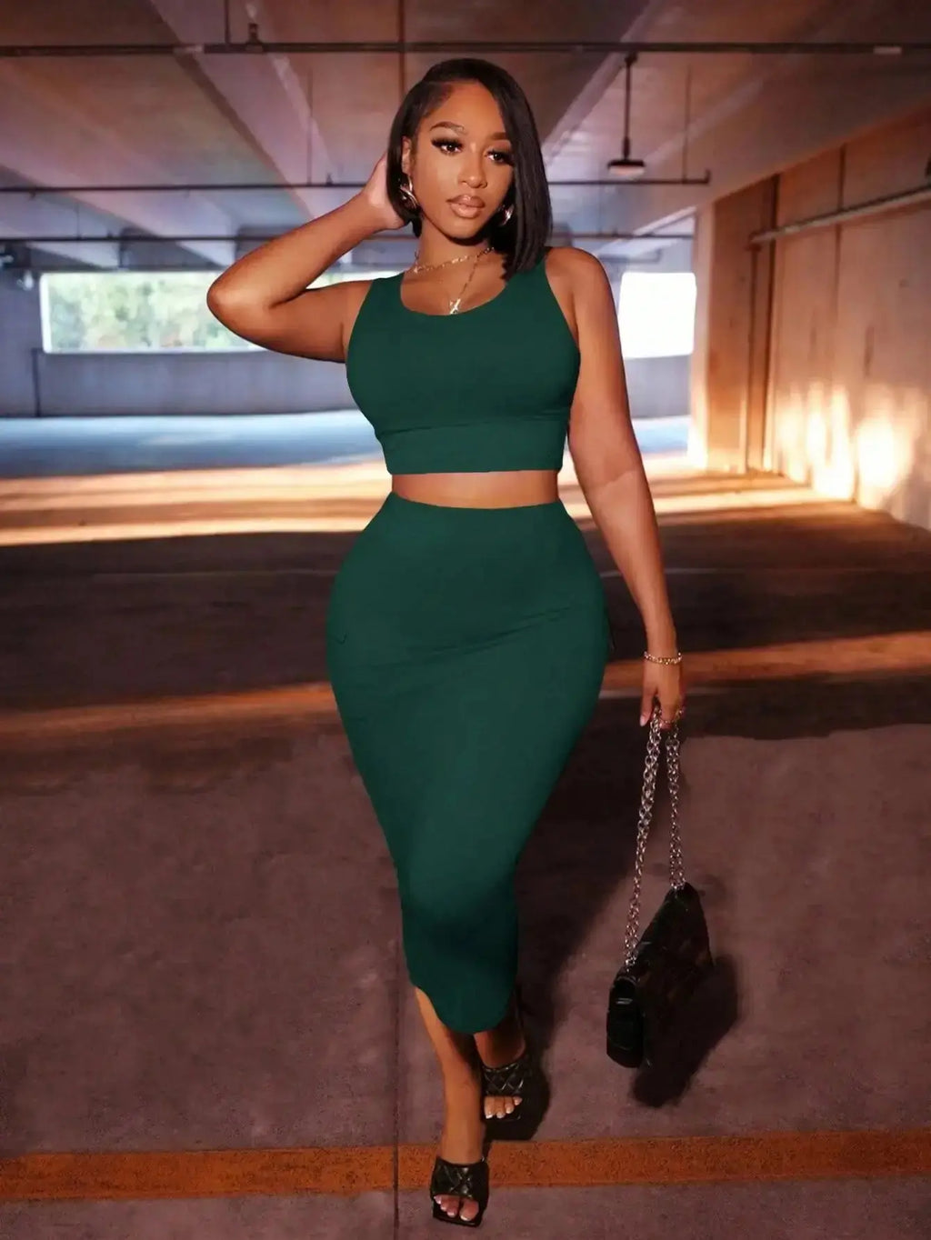 Gray 2 - Piece Set: Sleeveless Crop Top & High - Waisted Midi Skirt with Pockets, Street Style - LUXURY CLOTHESMy store Gray 2 - Piece Set: Sleeveless Crop Top & High - Waisted Midi Skirt with Pockets, Street Style My store