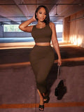 Gray 2 - Piece Set: Sleeveless Crop Top & High - Waisted Midi Skirt with Pockets, Street Style - LUXURY CLOTHESMy store Gray 2 - Piece Set: Sleeveless Crop Top & High - Waisted Midi Skirt with Pockets, Street Style My store