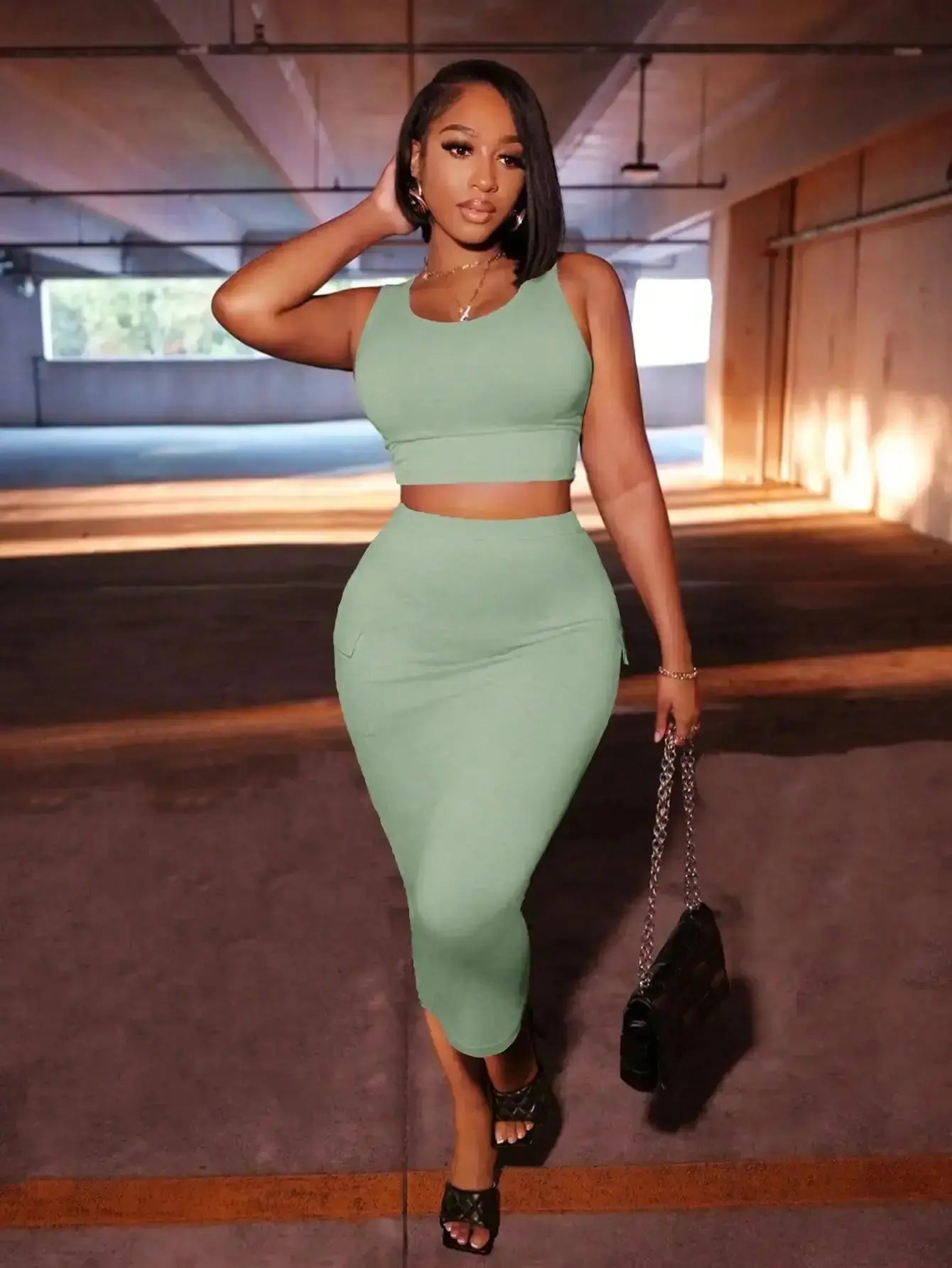 Gray 2 - Piece Set: Sleeveless Crop Top & High - Waisted Midi Skirt with Pockets, Street Style - LUXURY CLOTHESMy store Gray 2 - Piece Set: Sleeveless Crop Top & High - Waisted Midi Skirt with Pockets, Street Style My store