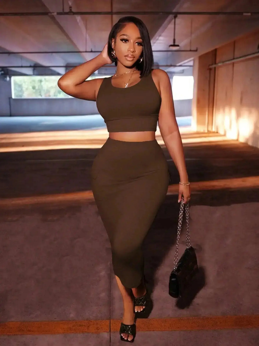 Gray 2 - Piece Set: Sleeveless Crop Top & High - Waisted Midi Skirt with Pockets, Street Style - LUXURY CLOTHESMy store Gray 2 - Piece Set: Sleeveless Crop Top & High - Waisted Midi Skirt with Pockets, Street Style My store