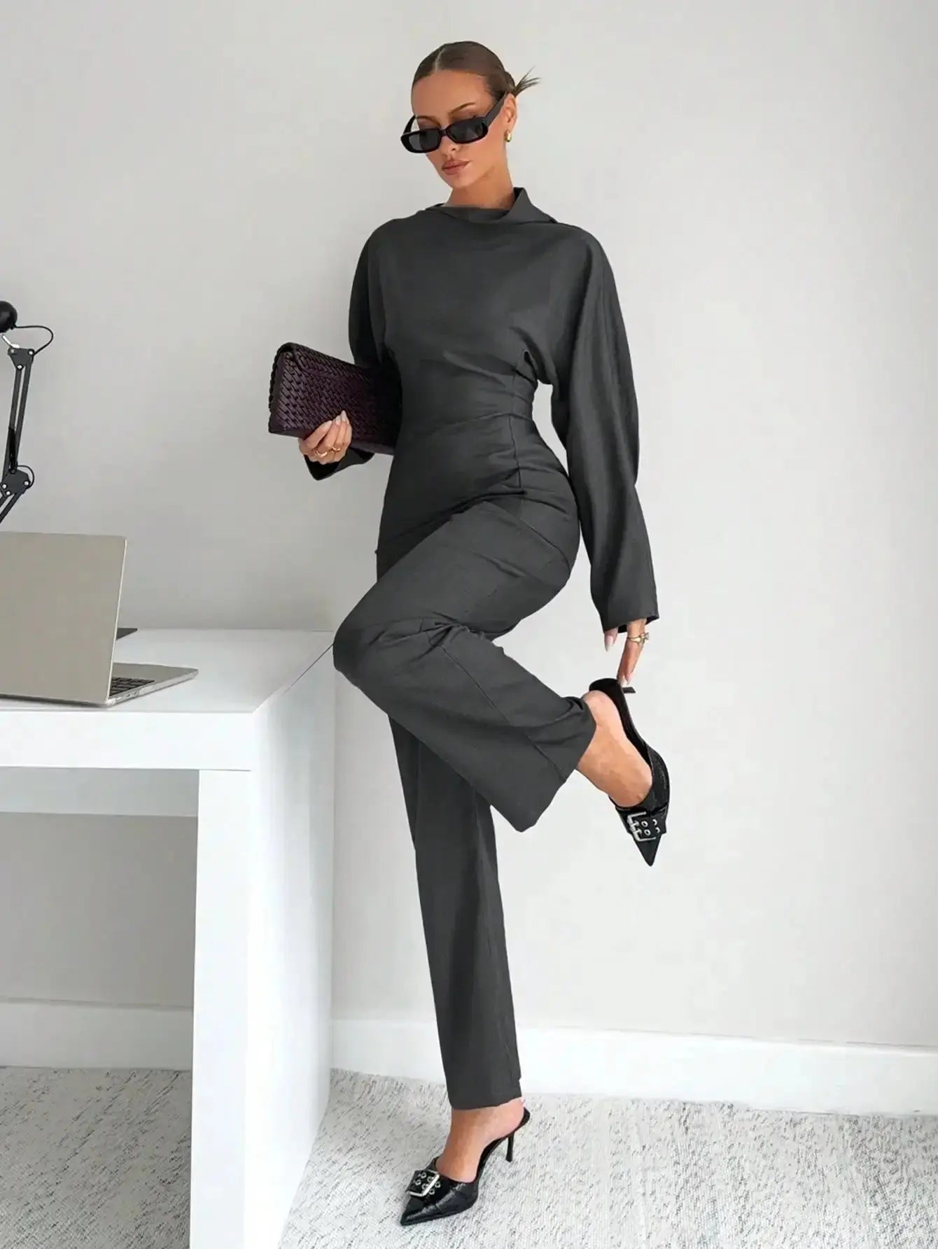 Grey 2 - Piece Women's T-Shirt Set, Business Casual Office Wear, Modern Commuter Outfit for Winter - LUXURY CLOTHESMy store Grey 2 - Piece Women's T-Shirt Set, Business Casual Office Wear, Modern Commuter Outfit for Winter My store