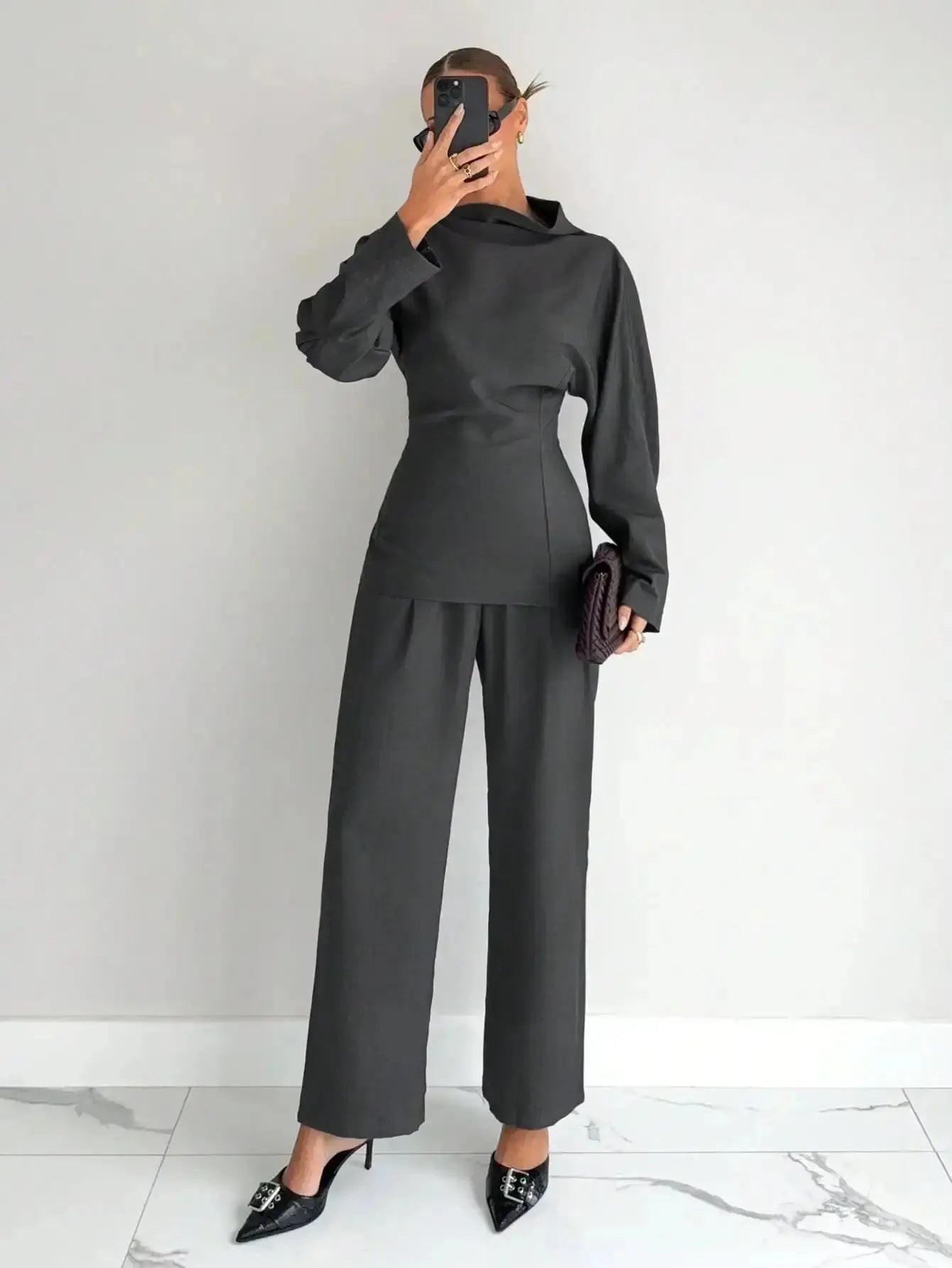 Grey 2 - Piece Women's T-Shirt Set, Business Casual Office Wear, Modern Commuter Outfit for Winter - LUXURY CLOTHESMy store Grey 2 - Piece Women's T-Shirt Set, Business Casual Office Wear, Modern Commuter Outfit for Winter My store