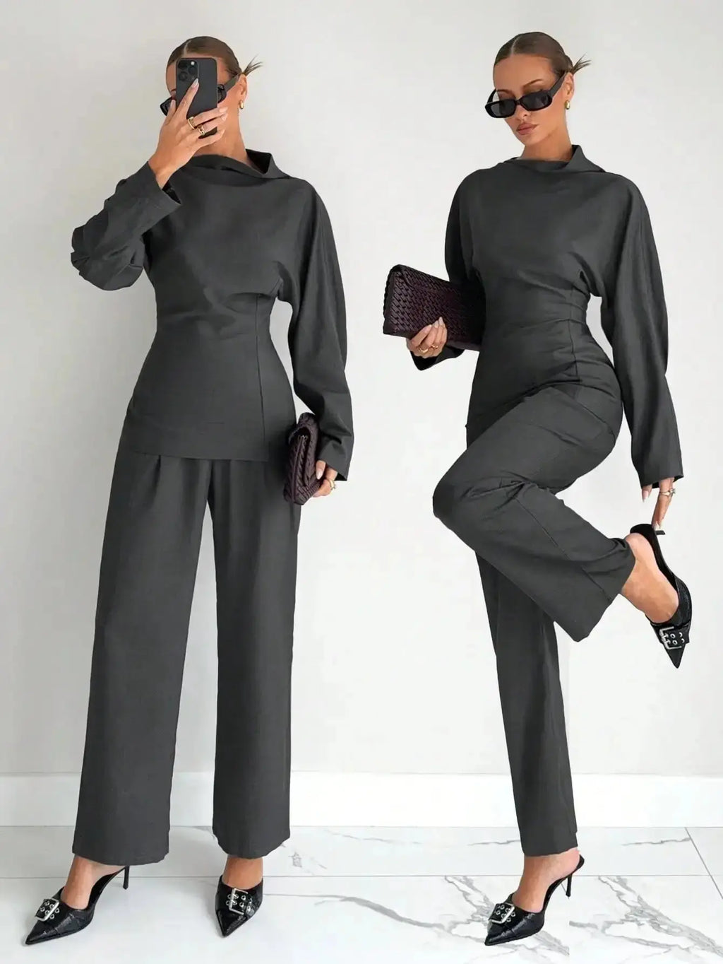 Grey 2 - Piece Women's T-Shirt Set, Business Casual Office Wear, Modern Commuter Outfit for Winter - LUXURY CLOTHESMy store Grey 2 - Piece Women's T-Shirt Set, Business Casual Office Wear, Modern Commuter Outfit for Winter My store