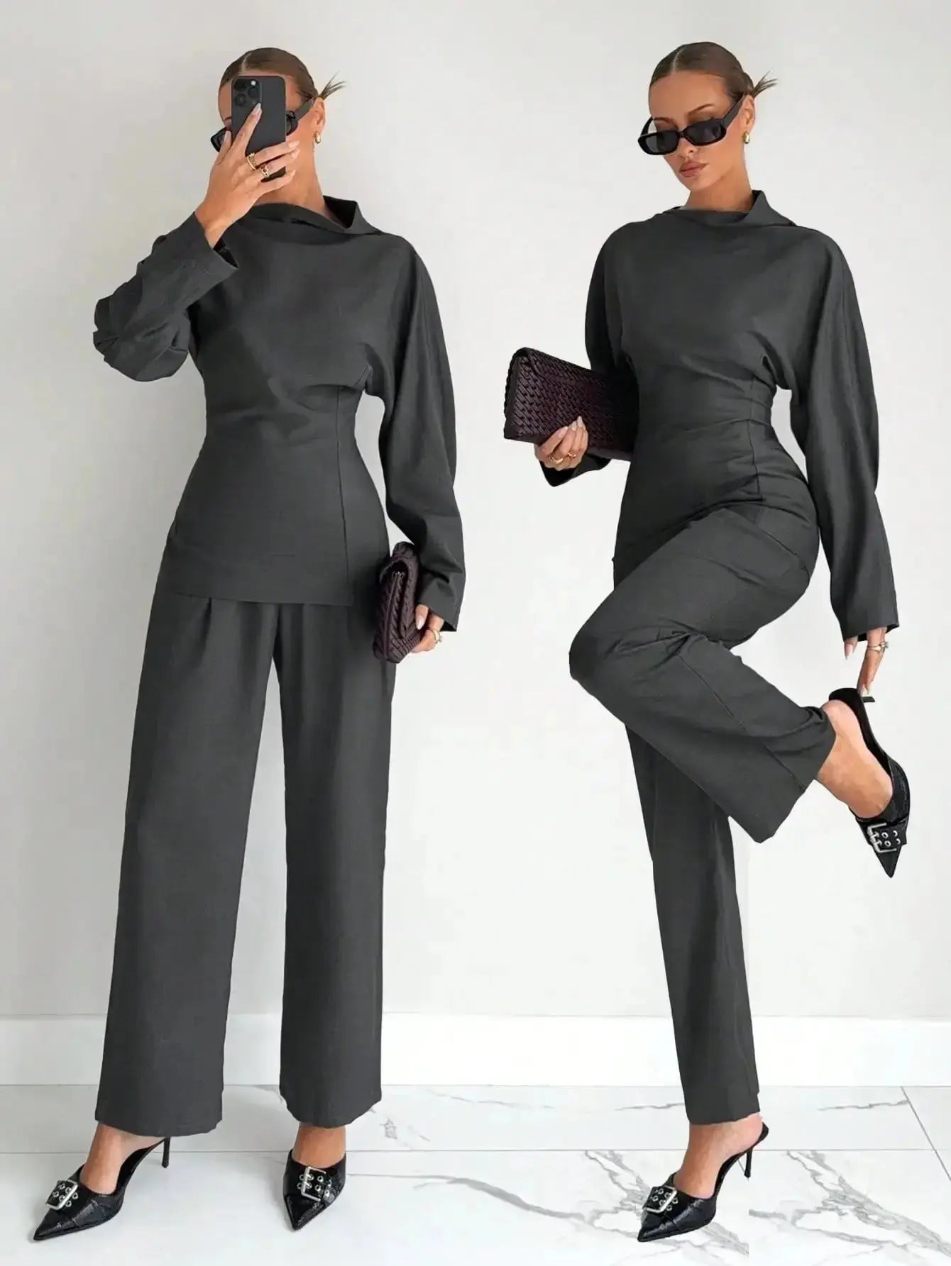 Grey 2 - Piece Women's T-Shirt Set, Business Casual Office Wear, Modern Commuter Outfit for Winter - LUXURY CLOTHESMy store Grey 2 - Piece Women's T-Shirt Set, Business Casual Office Wear, Modern Commuter Outfit for Winter My store