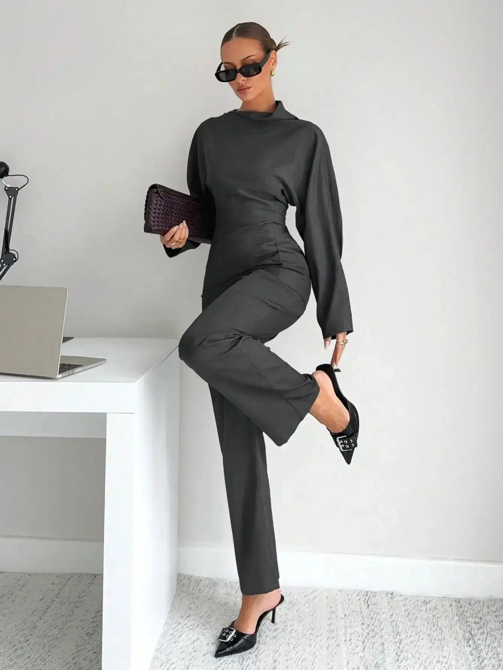 Grey 2 - Piece Women's T-Shirt Set, Business Casual Office Wear, Modern Commuter Outfit for Winter - LUXURY CLOTHESMy store Grey 2 - Piece Women's T-Shirt Set, Business Casual Office Wear, Modern Commuter Outfit for Winter My store