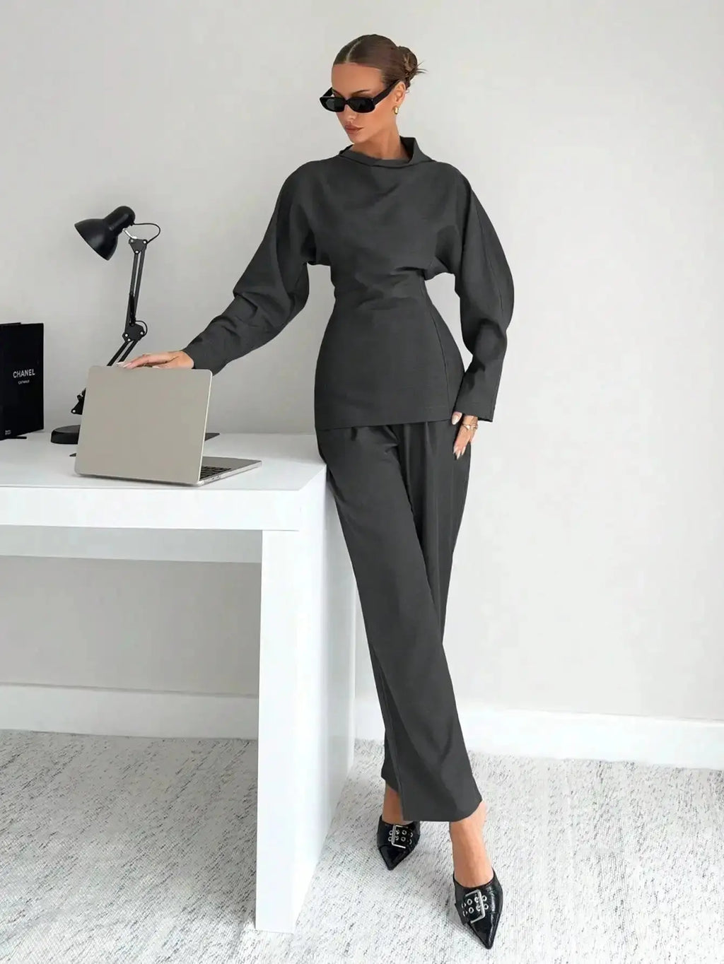 Grey 2 - Piece Women's T-Shirt Set, Business Casual Office Wear, Modern Commuter Outfit for Winter - LUXURY CLOTHESMy store Grey 2 - Piece Women's T-Shirt Set, Business Casual Office Wear, Modern Commuter Outfit for Winter My store