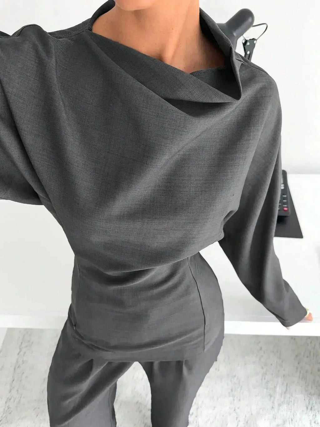 Grey 2 - Piece Women's T-Shirt Set, Business Casual Office Wear, Modern Commuter Outfit for Winter - LUXURY CLOTHESMy store Grey 2 - Piece Women's T-Shirt Set, Business Casual Office Wear, Modern Commuter Outfit for Winter My store