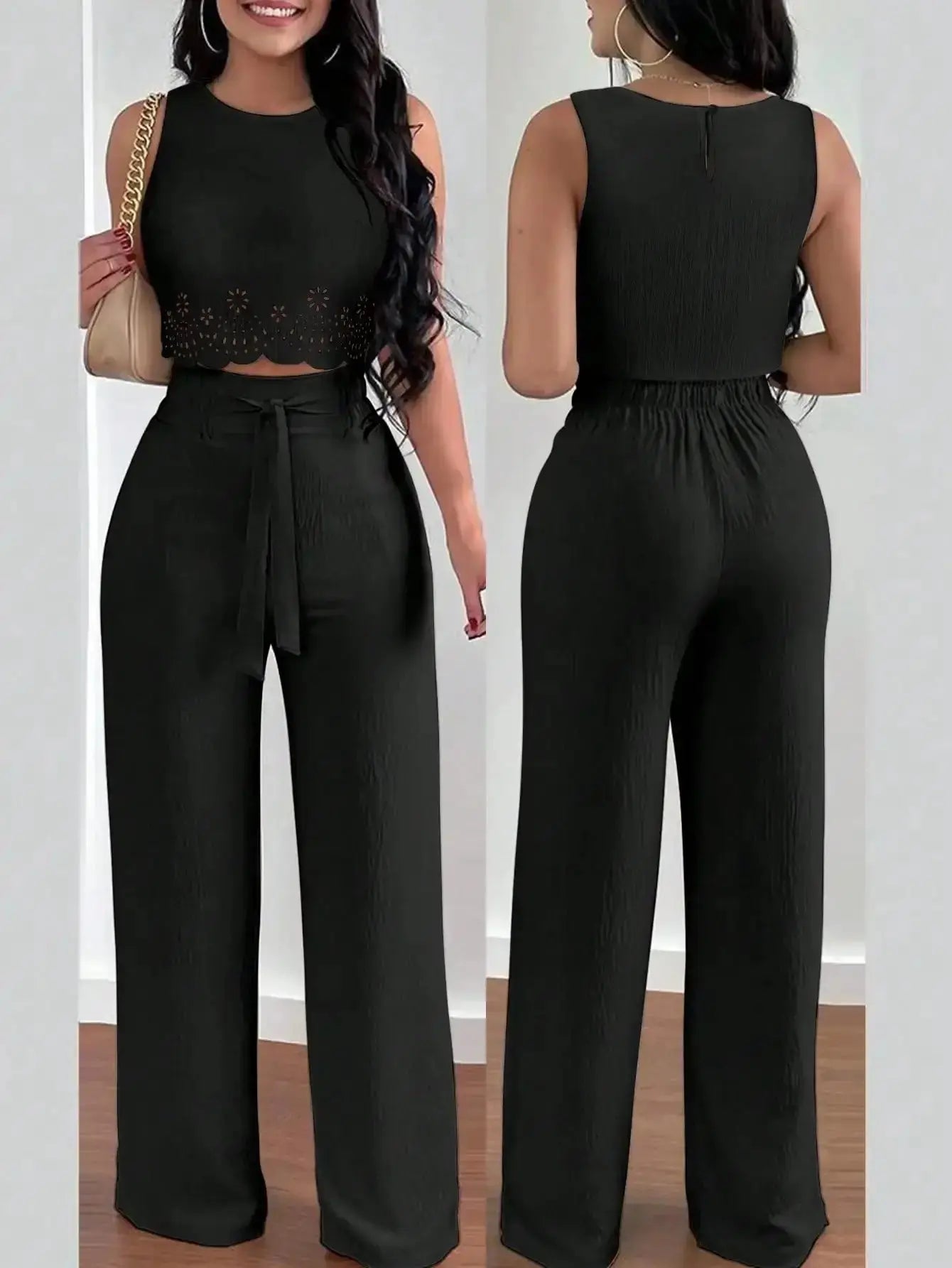 LUNE Women's Elegant 2 - Piece Set: Hollow Out Crop Top & Wide Leg Pants with Tie Waist - LUXURY CLOTHESMy store LUNE Women's Elegant 2 - Piece Set: Hollow Out Crop Top & Wide Leg Pants with Tie Waist My store