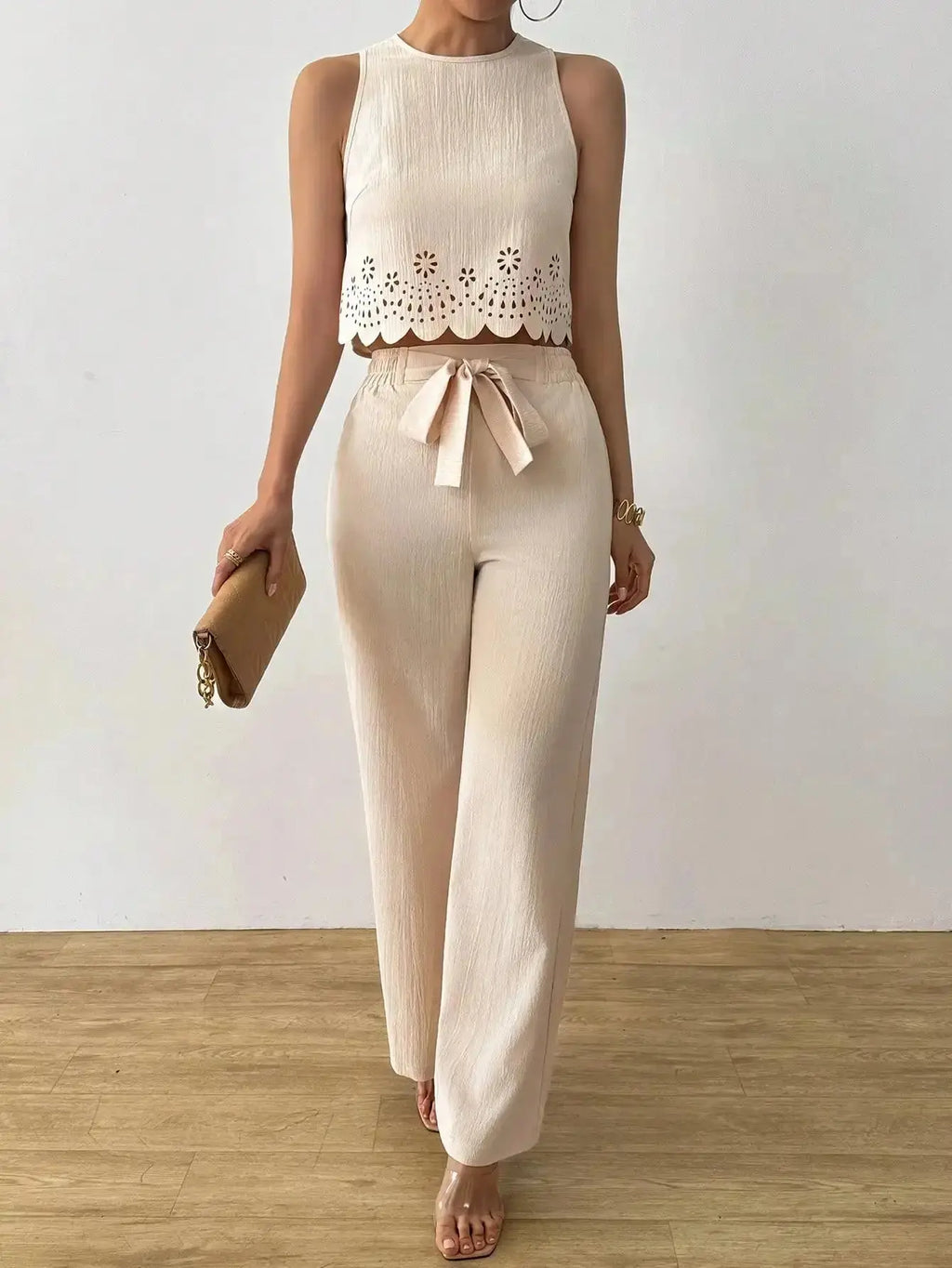 LUNE Women's Elegant 2 - Piece Set: Hollow Out Crop Top & Wide Leg Pants with Tie Waist - LUXURY CLOTHESMy store LUNE Women's Elegant 2 - Piece Set: Hollow Out Crop Top & Wide Leg Pants with Tie Waist My store