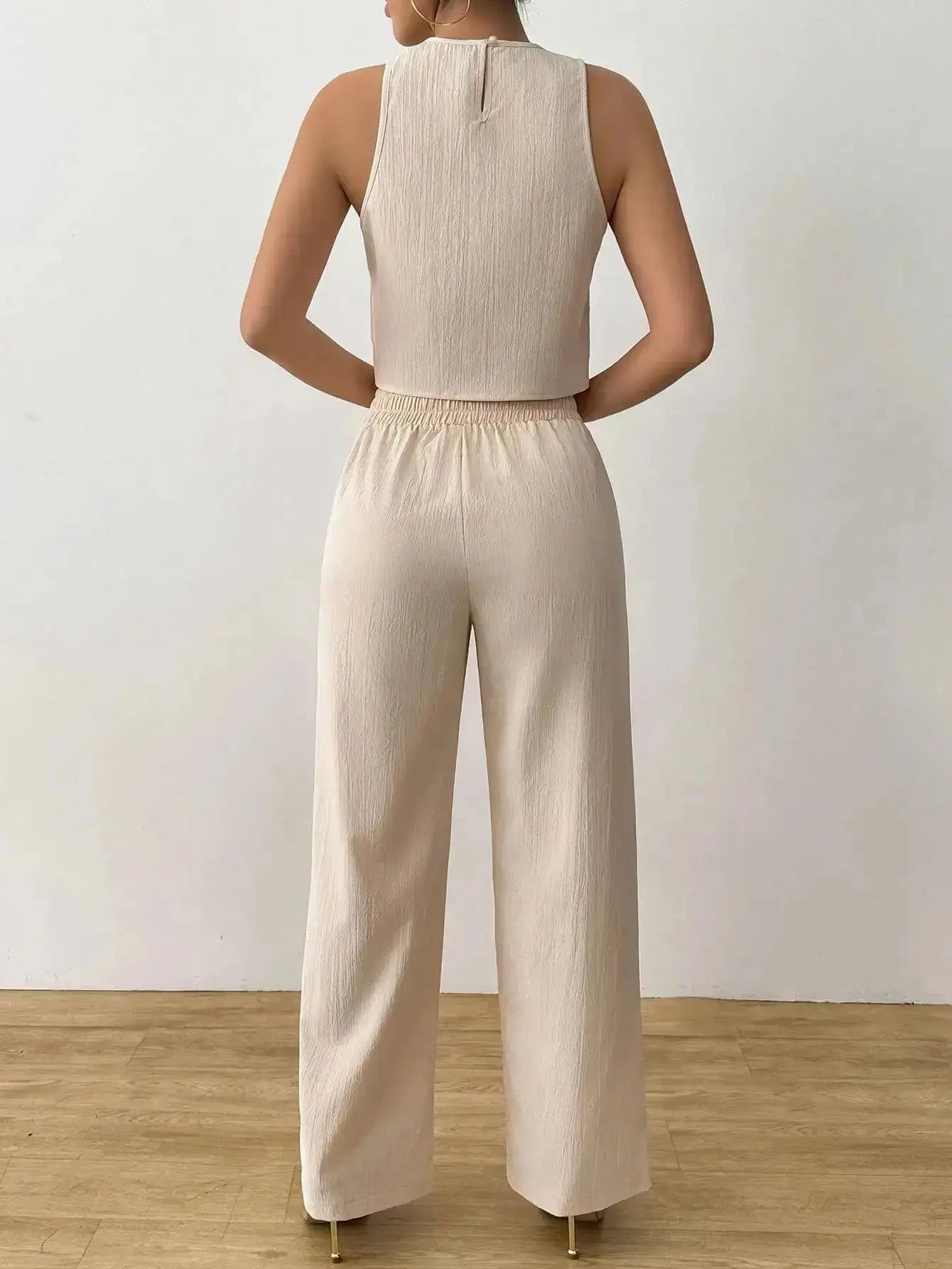 LUNE Women's Elegant 2 - Piece Set: Hollow Out Crop Top & Wide Leg Pants with Tie Waist - LUXURY CLOTHESMy store LUNE Women's Elegant 2 - Piece Set: Hollow Out Crop Top & Wide Leg Pants with Tie Waist My store