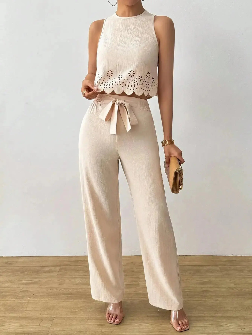 LUNE Women's Elegant 2 - Piece Set: Hollow Out Crop Top & Wide Leg Pants with Tie Waist - LUXURY CLOTHESMy store LUNE Women's Elegant 2 - Piece Set: Hollow Out Crop Top & Wide Leg Pants with Tie Waist My store