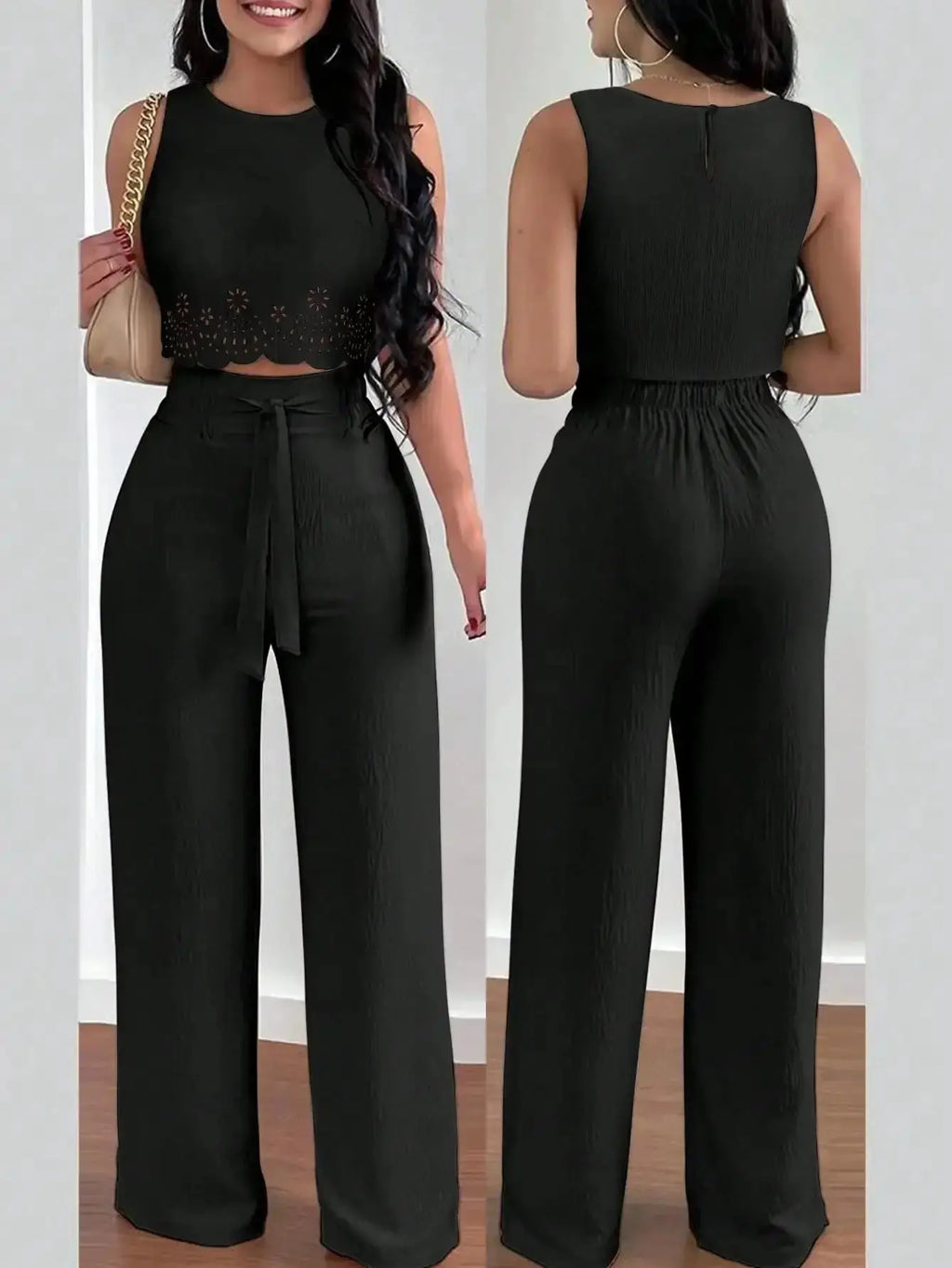 LUNE Women's Elegant 2 - Piece Set: Hollow Out Crop Top & Wide Leg Pants with Tie Waist - LUXURY CLOTHESMy store LUNE Women's Elegant 2 - Piece Set: Hollow Out Crop Top & Wide Leg Pants with Tie Waist My store