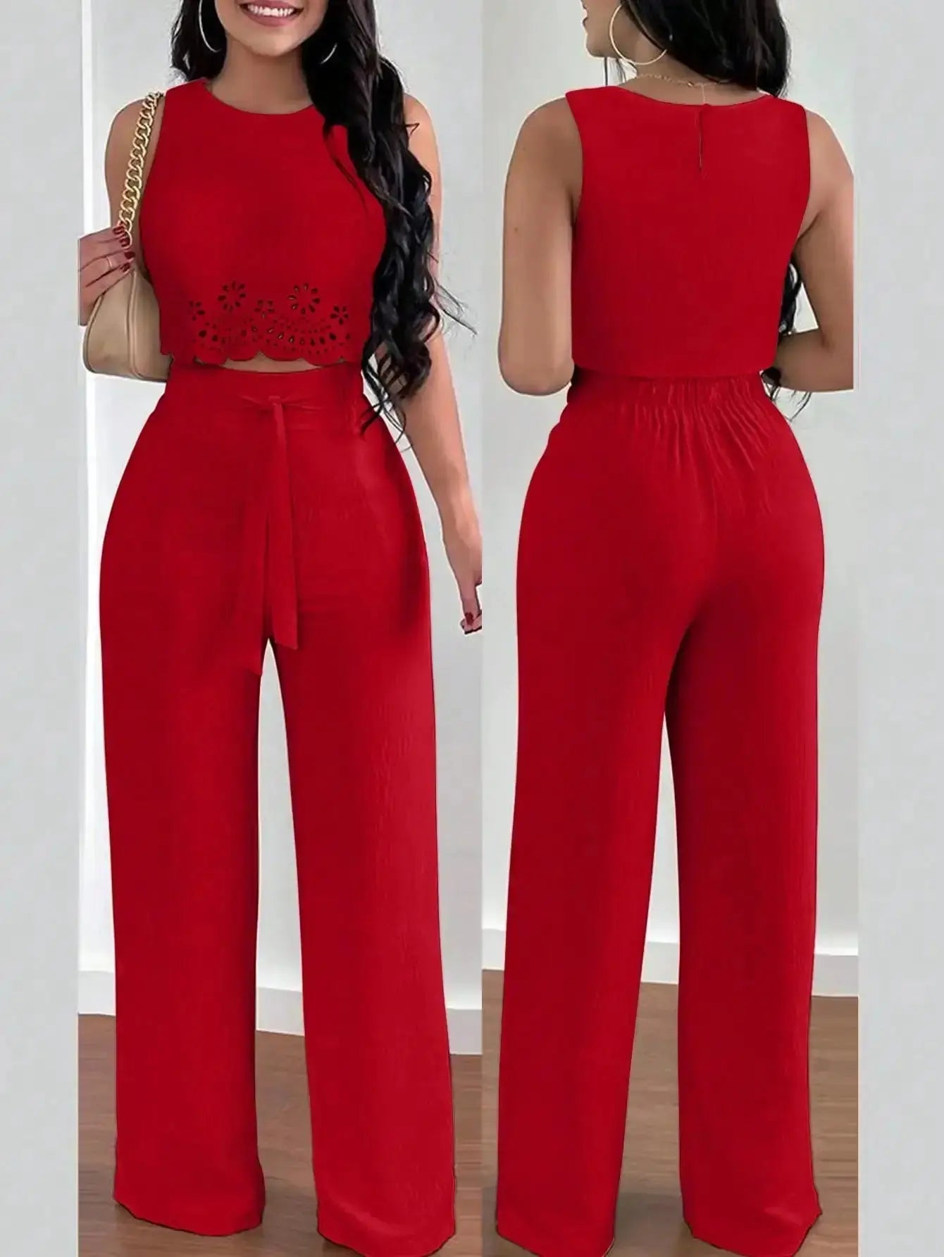 LUNE Women's Elegant 2 - Piece Set: Hollow Out Crop Top & Wide Leg Pants with Tie Waist - LUXURY CLOTHESMy store LUNE Women's Elegant 2 - Piece Set: Hollow Out Crop Top & Wide Leg Pants with Tie Waist My store