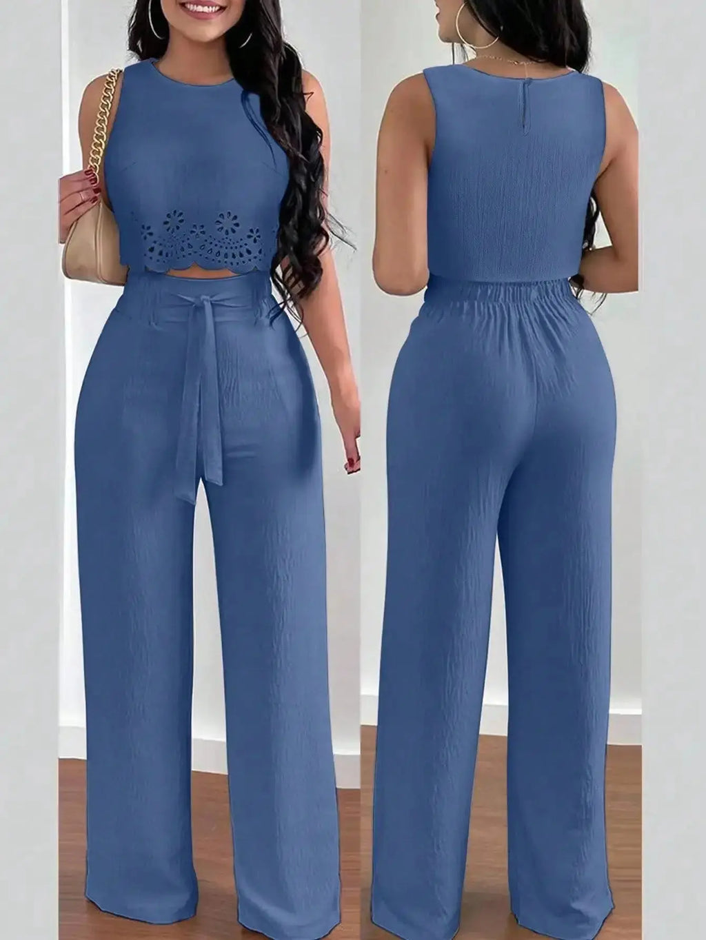 LUNE Women's Elegant 2 - Piece Set: Hollow Out Crop Top & Wide Leg Pants with Tie Waist - LUXURY CLOTHESMy store LUNE Women's Elegant 2 - Piece Set: Hollow Out Crop Top & Wide Leg Pants with Tie Waist My store
