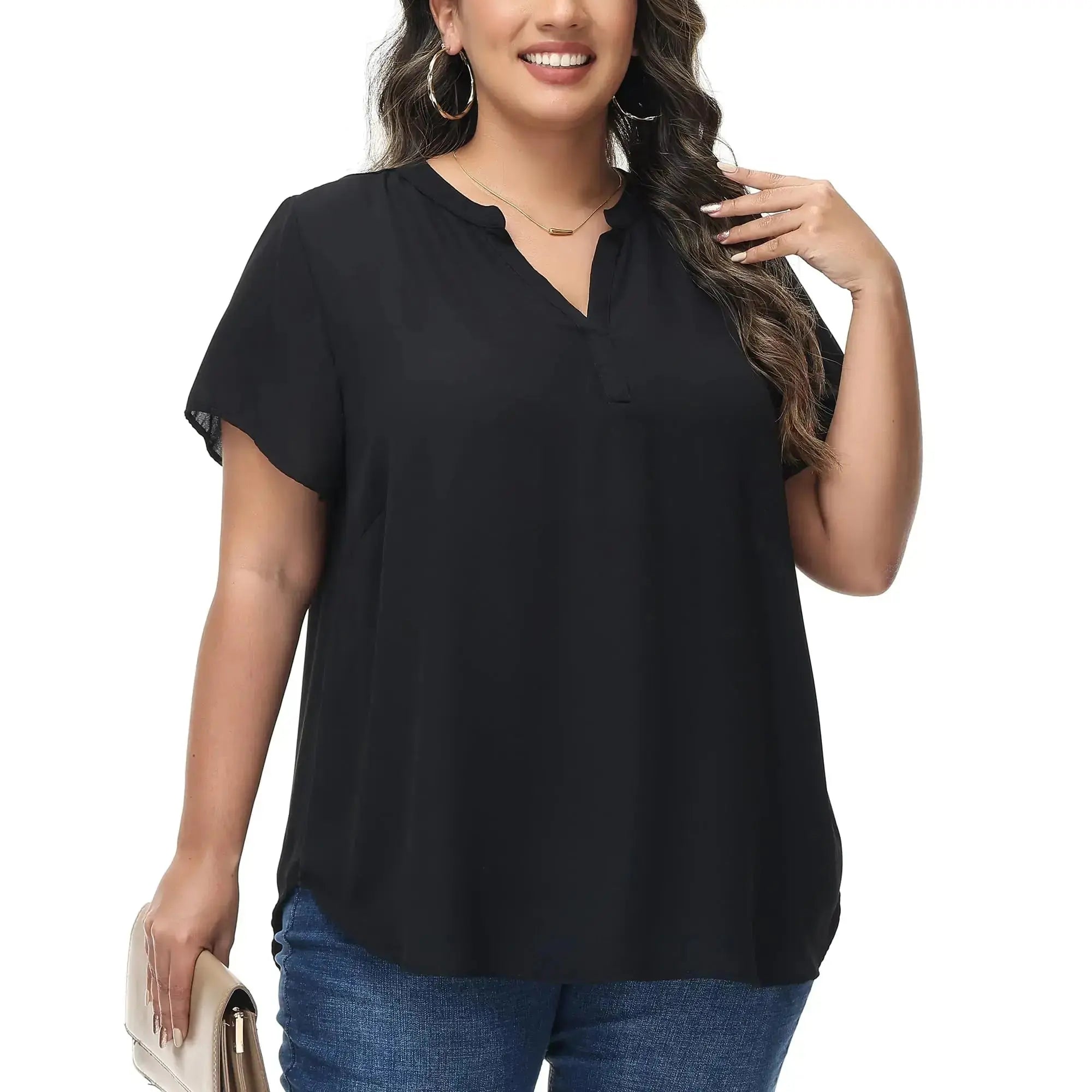 MCEDAR Womens Plus Size Chiffon Blouse Short Sleeve Split V Neck Floral Casual Summer Dressy Work Tops (235011 - 3XBlack) - LUXURY CLOTHESLuxe & ClothingMCEDAR Womens Plus Size Chiffon Blouse Short Sleeve Split V Neck Floral Casual Summer Dressy Work Tops (235011 - 3XBlack) Luxe & Clothing