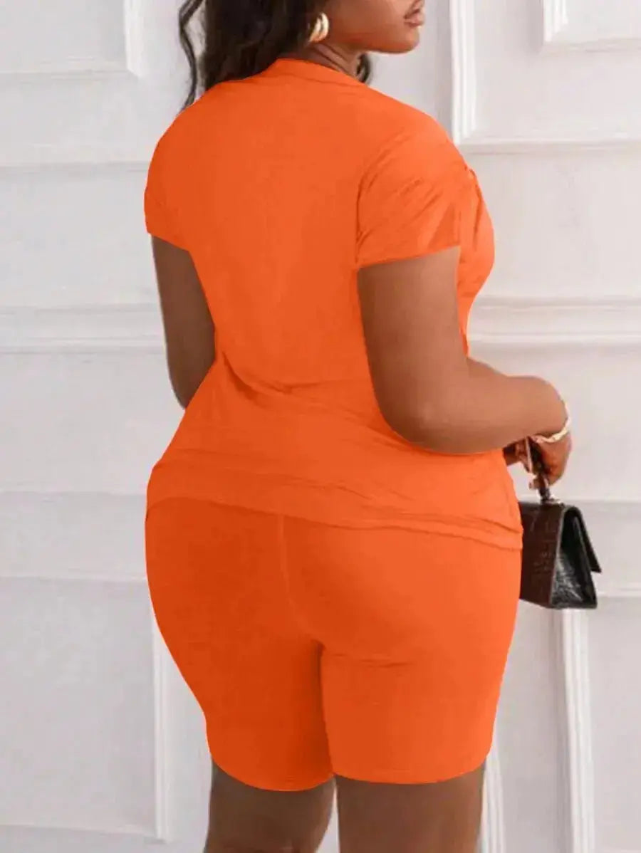 Orange Hollow Out Short Sleeve T-Shirt & Biker Shorts Set for Women, Casual Streetwear - LUXURY CLOTHESMy store Orange Hollow Out Short Sleeve T-Shirt & Biker Shorts Set for Women, Casual Streetwear My store