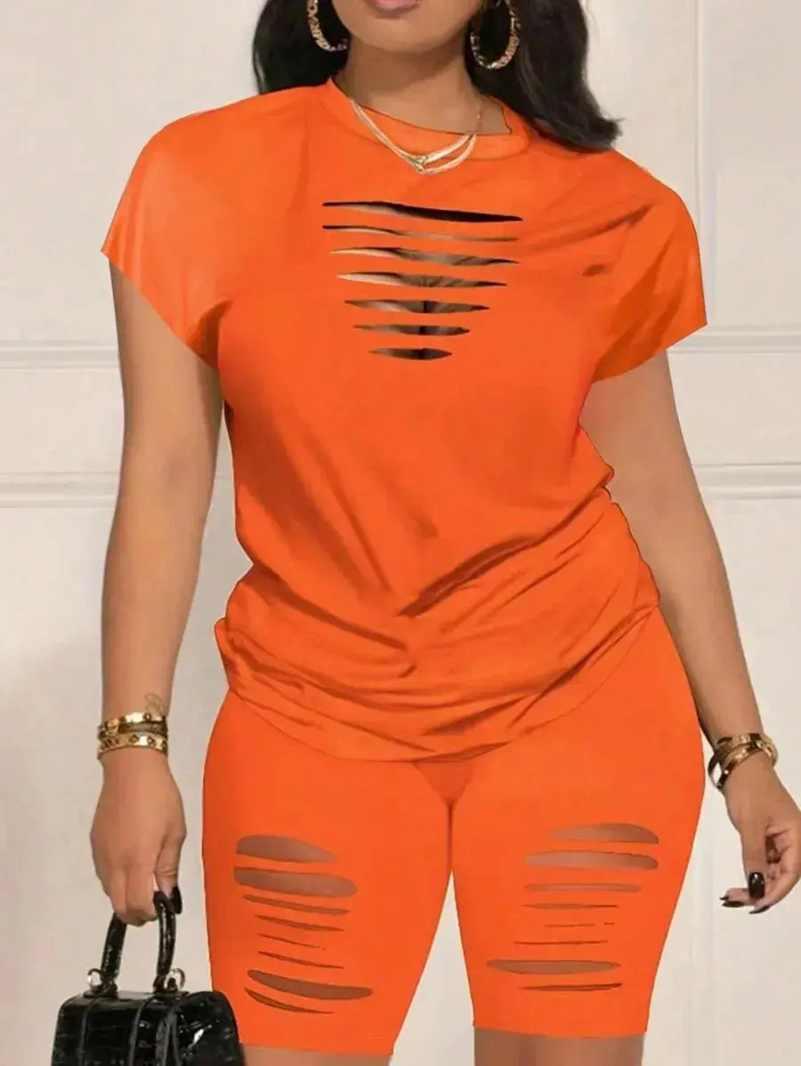 Orange Hollow Out Short Sleeve T-Shirt & Biker Shorts Set for Women, Casual Streetwear - LUXURY CLOTHESMy store Orange Hollow Out Short Sleeve T-Shirt & Biker Shorts Set for Women, Casual Streetwear My store