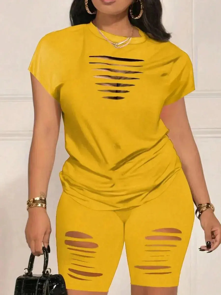 Orange Hollow Out Short Sleeve T-Shirt & Biker Shorts Set for Women, Casual Streetwear - LUXURY CLOTHESMy store Orange Hollow Out Short Sleeve T-Shirt & Biker Shorts Set for Women, Casual Streetwear My store