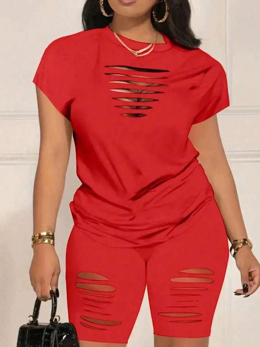 Orange Hollow Out Short Sleeve T-Shirt & Biker Shorts Set for Women, Casual Streetwear - LUXURY CLOTHESMy store Orange Hollow Out Short Sleeve T-Shirt & Biker Shorts Set for Women, Casual Streetwear My store