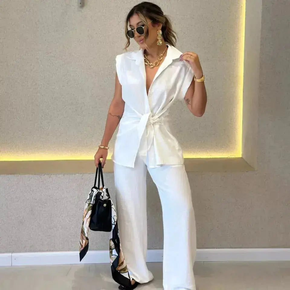 Women Tie Waist Short Sleeve Top Two - Piece Set High Waist Casual Pants Matching Set Relaxed Co - Ord Set Chic Coord Outfit Set - LUXURY CLOTHESMy store Women Tie Waist Short Sleeve Top Two - Piece Set High Waist Casual Pants Matching Set Relaxed Co - Ord Set Chic Coord Outfit Set My store