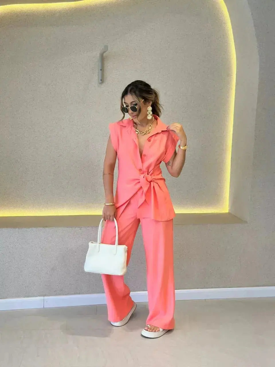 Women Tie Waist Short Sleeve Top Two - Piece Set High Waist Casual Pants Matching Set Relaxed Co - Ord Set Chic Coord Outfit Set - LUXURY CLOTHESMy store Women Tie Waist Short Sleeve Top Two - Piece Set High Waist Casual Pants Matching Set Relaxed Co - Ord Set Chic Coord Outfit Set My store