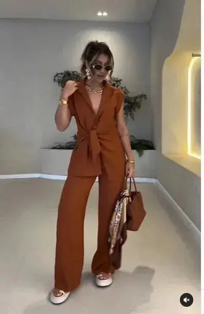 Women Tie Waist Short Sleeve Top Two - Piece Set High Waist Casual Pants Matching Set Relaxed Co - Ord Set Chic Coord Outfit Set - LUXURY CLOTHESMy store Women Tie Waist Short Sleeve Top Two - Piece Set High Waist Casual Pants Matching Set Relaxed Co - Ord Set Chic Coord Outfit Set My store