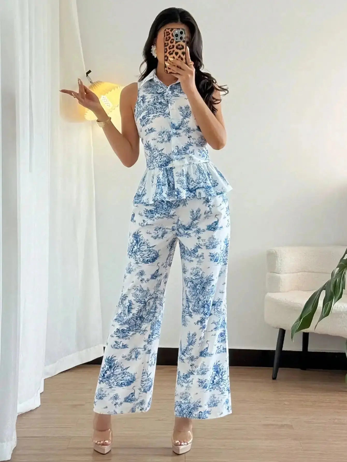 Women's Blue & White Toile Print Sleeveless Peplum Top + Wide Leg Pants Summer Two - Piece Set - LUXURY CLOTHESMy store Women's Blue & White Toile Print Sleeveless Peplum Top + Wide Leg Pants Summer Two - Piece Set My store