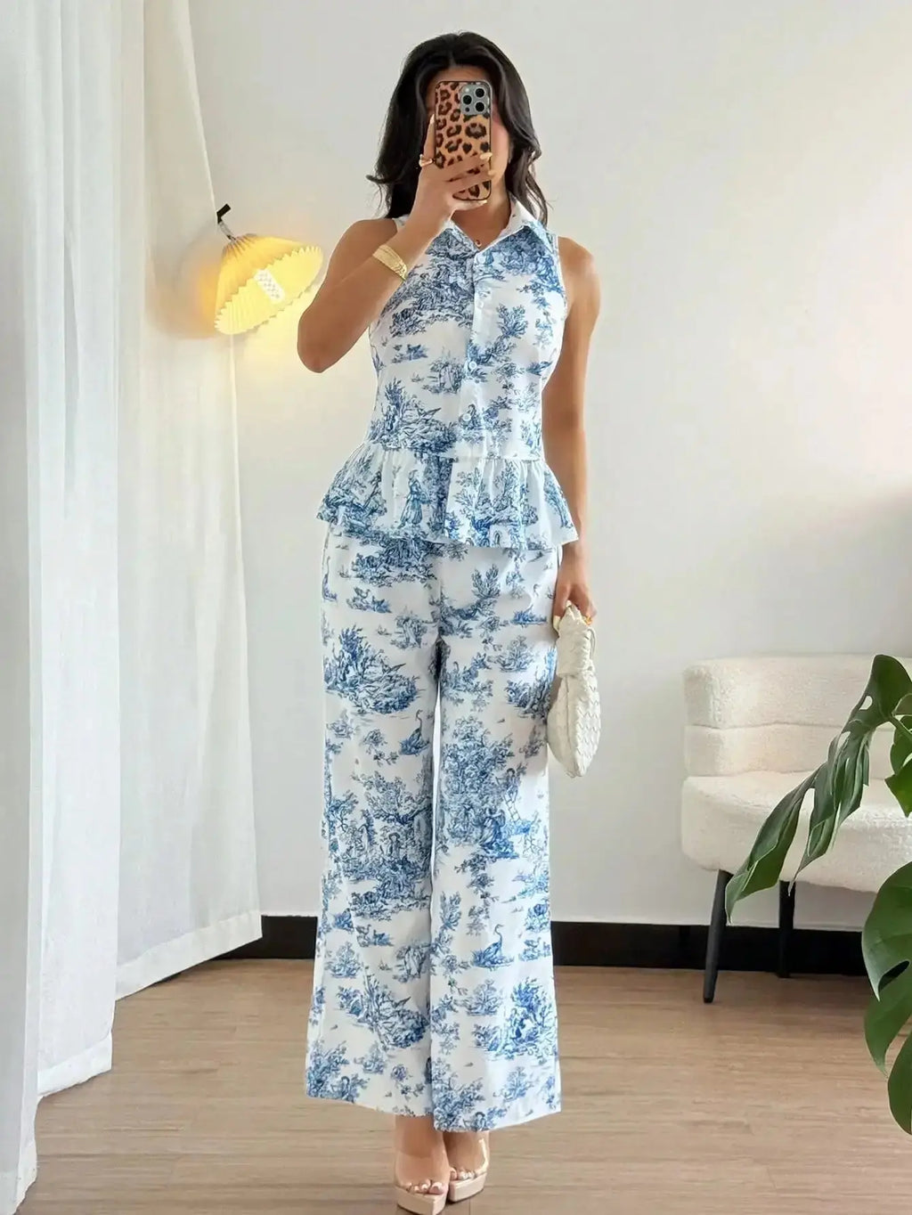 Women's Blue & White Toile Print Sleeveless Peplum Top + Wide Leg Pants Summer Two - Piece Set - LUXURY CLOTHESMy store Women's Blue & White Toile Print Sleeveless Peplum Top + Wide Leg Pants Summer Two - Piece Set My store