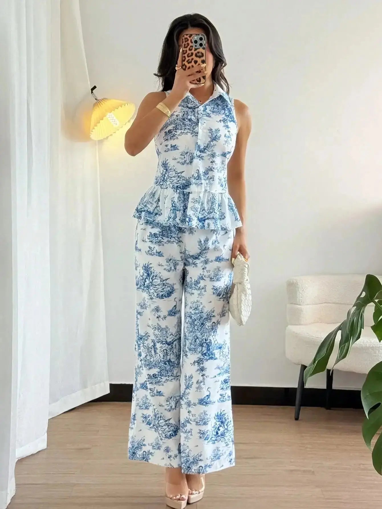 Women's Blue & White Toile Print Sleeveless Peplum Top + Wide Leg Pants Summer Two - Piece Set - LUXURY CLOTHESMy store Women's Blue & White Toile Print Sleeveless Peplum Top + Wide Leg Pants Summer Two - Piece Set My store