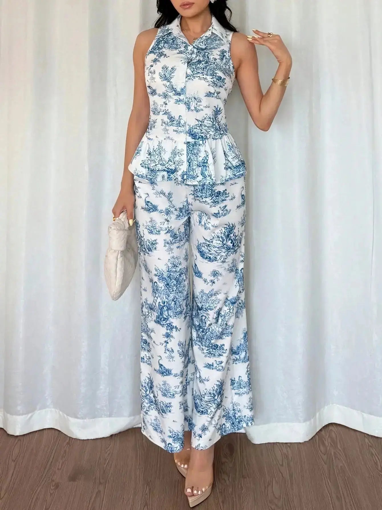 Women's Blue & White Toile Print Sleeveless Peplum Top + Wide Leg Pants Summer Two - Piece Set - LUXURY CLOTHESMy store Women's Blue & White Toile Print Sleeveless Peplum Top + Wide Leg Pants Summer Two - Piece Set My store